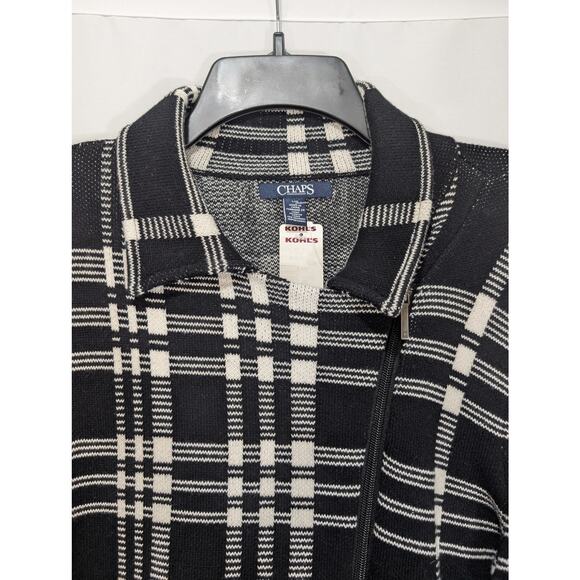 Chaps Black White Plaid Heavy Knit Zip Cardigan Jacket NWT Size Large - Picture 2 of 8
